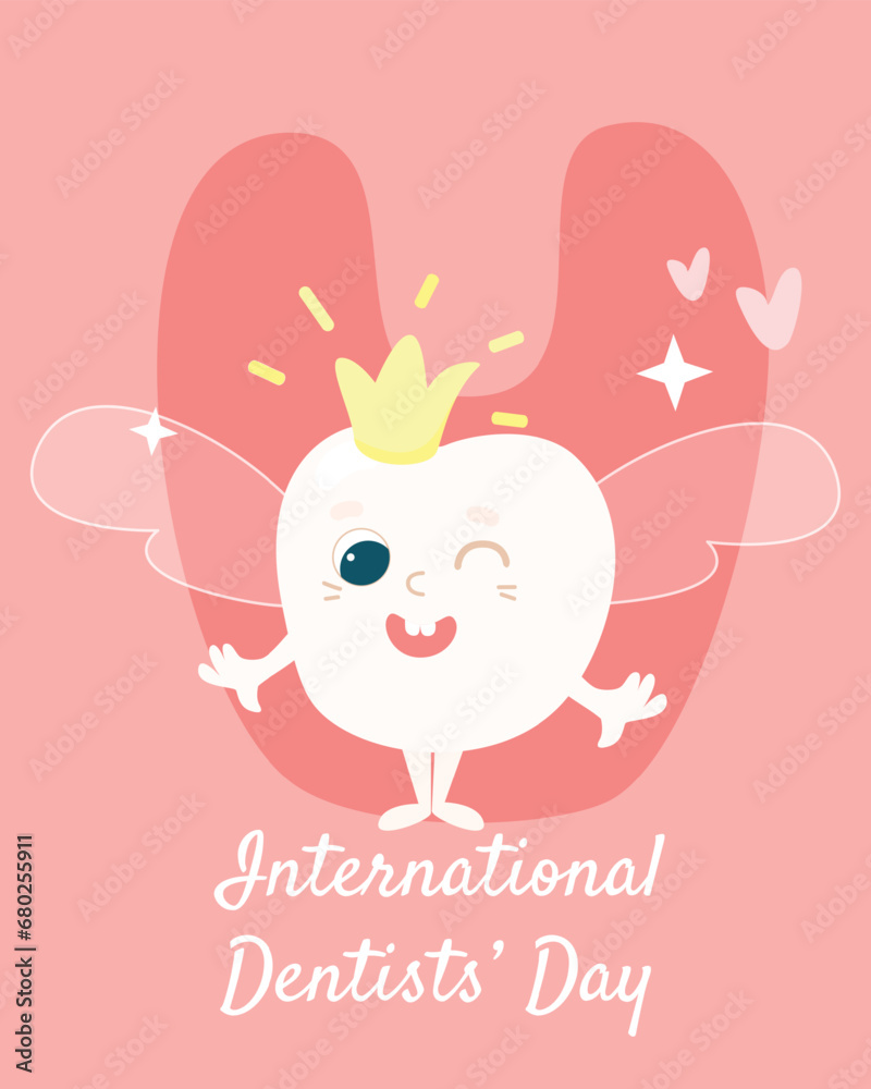 Greeting card for the International Day of the Dentist. Funny tooth fairy in the form of a tooth with a crown and wings. Character design in cartoon style. Greeting card for the International Day of the Dentist. Funny tooth fairy in the form of a tooth with a crown and wings. Character design in cartoon style.