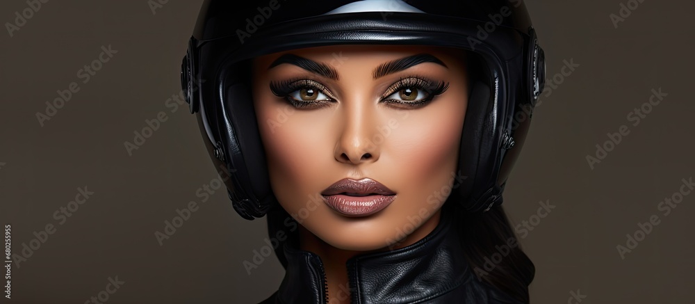 The woman with a black motorcycle helmet is posing in an isolated background, showcasing both the beauty of her face and her impeccable fashion sense, making her portrait a striking mix of motor and