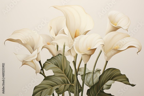 a painting of a bunch of white flowers in a vase with a green leafy plant in front of it.