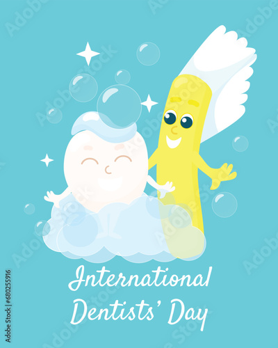 Greeting card for the International Day of the Dentist. A cute little tooth  is smiling happily with a toothbrush. The baby has toothpaste on top and is covered in bubbles.