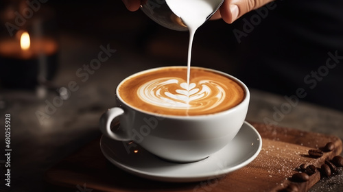 A barista is skillfully pouring steamed milk into a cup of espresso to create a detailed and artistic latte art design.