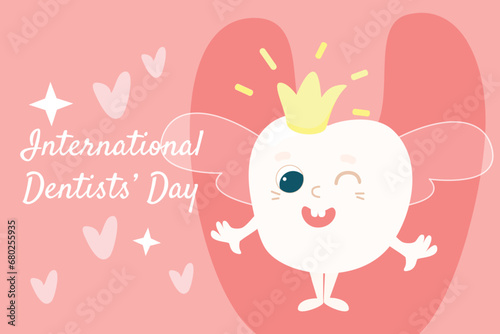 Dentist's Day greeting card. Funny tooth fairy in the form of a tooth with a crown and wings.