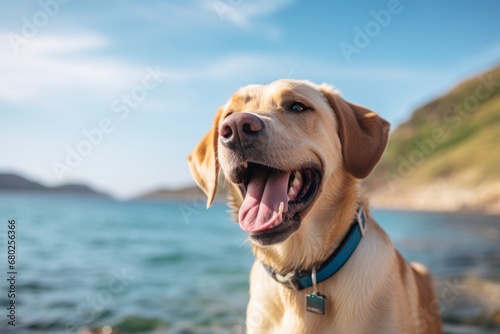 happy labrador retriever sailing on a sailboat isolated on hiking trails background © Markus Schröder