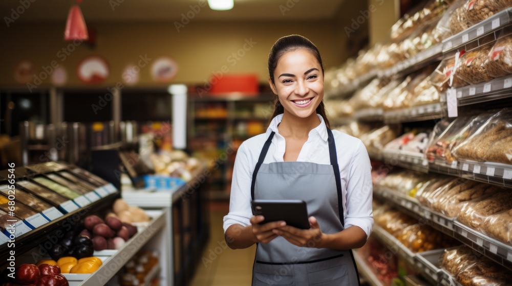 Cheerful woman is using a tablet in a supermarket aisle, with a bakery section in the background.