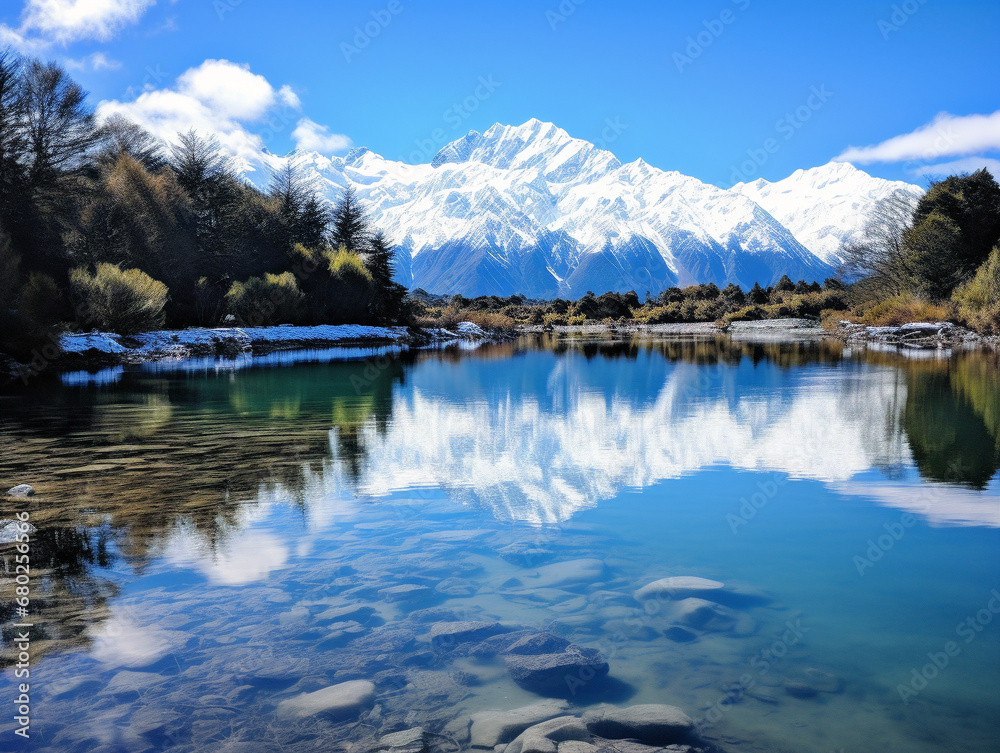 A serene lake reflecting the majestic snow-capped mountains, creating a peaceful and picturesque landscape.