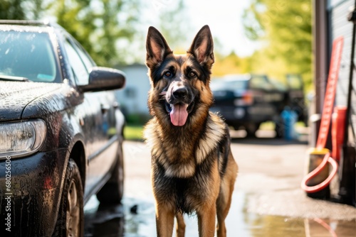 cute german shepherd being at a car wash in national parks background