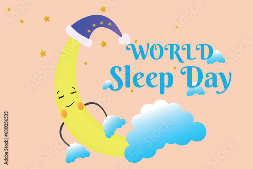 Banner for World Sleep Day with sleeping moon in the clouds. Vector illustration.