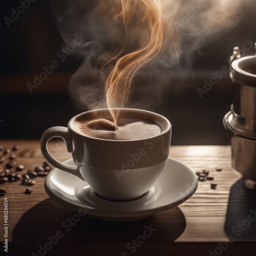 cup with hot coffee and a hot coffee on a wooden table. cup with hot coffee and a hot coffee on a wooden table. a cup of coffee on wooden table