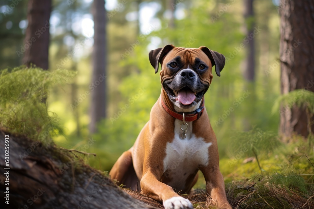 smiling boxer dog sitting isolated in forests and woodlands background smiling boxer dog sitting isolated in forests and woodlands background