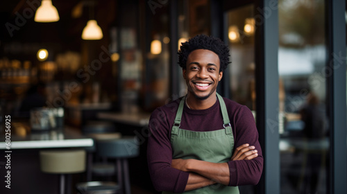 Smiling man small business owner in apron standing confidently in front of a cafe, with warm lighting and blurred interior details in the background.