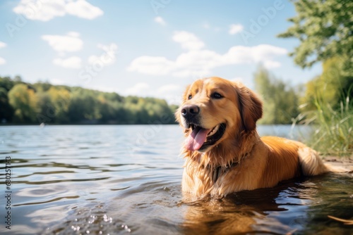 funny golden retriever sitting isolated in lakes and rivers background