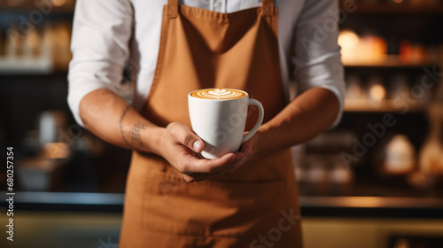 A barista in a brown apron is offering a takeaway coffee cup, focusing on the cup with a softly blurred background.