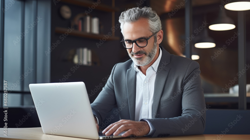 Mature, smiling businessman with a gray beard, working on a laptop at a table Mature, smiling businessman with a gray beard, working on a laptop at a table