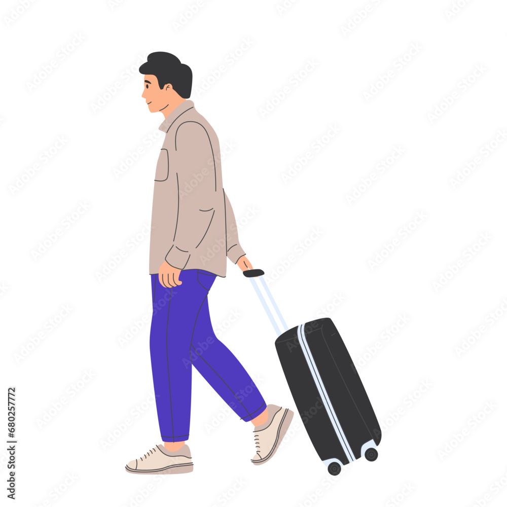 Happy person traveling with luggage. Tourist saying goodbye and leaving with suitcase, passport and ticket. Happy person traveling with luggage. Tourist saying goodbye and leaving with suitcase, passport and ticket.