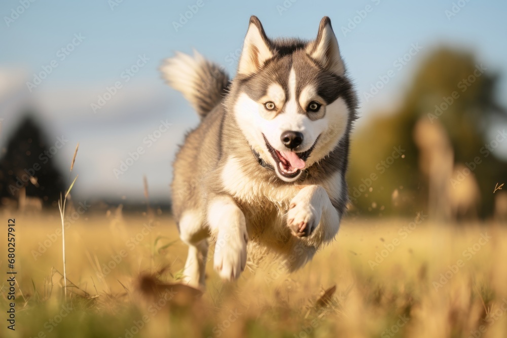 cute siberian husky chasing a squirrel isolated on open fields and meadows background