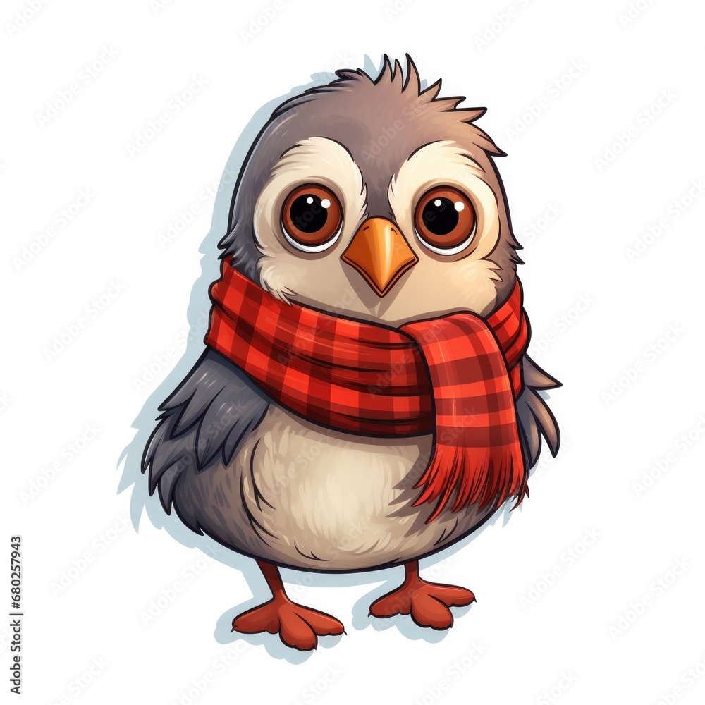 Cute Cartoon Christmas Bird with a Red Scarf Illustration Sticker Isolated on a White Background Cute Cartoon Christmas Bird with a Red Scarf Illustration Sticker Isolated on a White Background