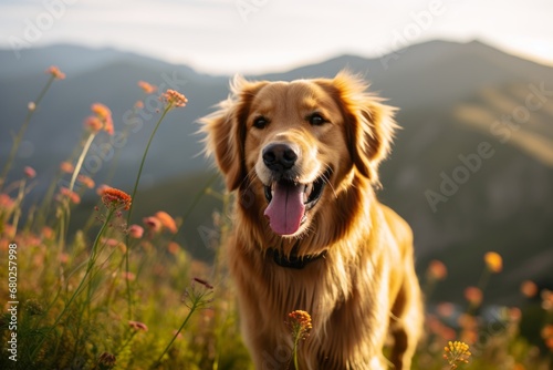 happy golden retriever smelling flowers in front of mountains and hills background