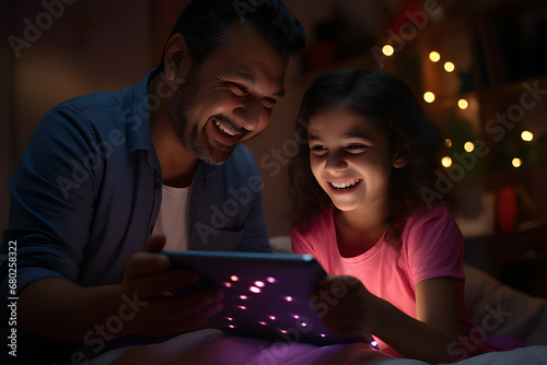 an adult looking at an ipad screen while a young girl ai generative