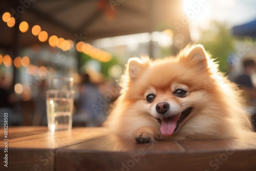 cute pomeranian lying down in front of dog-friendly cafes and restaurants background © Markus Schröder