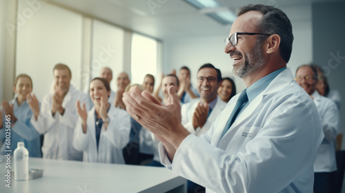A group of healthcare professionals in lab coats clapping and smiling, seemingly celebrating or acknowledging a success or achievement. photo