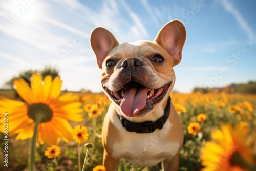 funny french bulldog having a flower in its mouth isolated on farms and ranches background photo