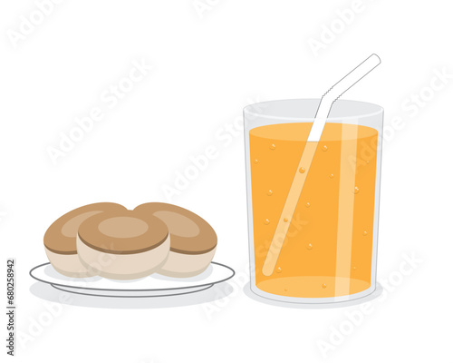 vector design of a glass cup or bowl containing orange syrup juice with a straw inside and three chocolate pies on a white plate
