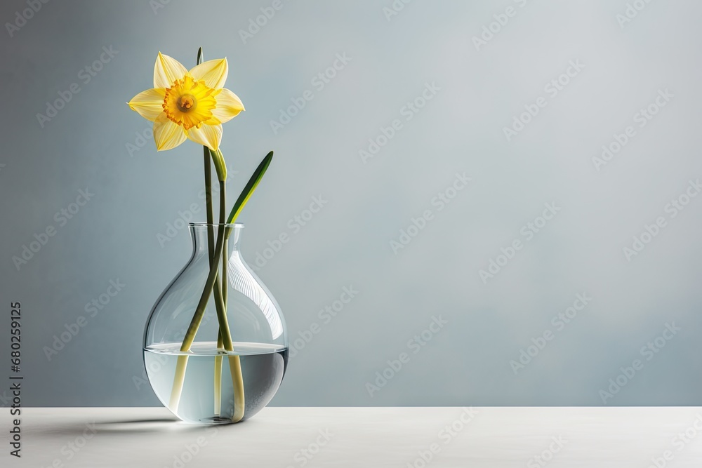  a vase filled with water and a single yellow daffodil sticking out of the top of the vase. - obrazy, fototapety, plakaty 