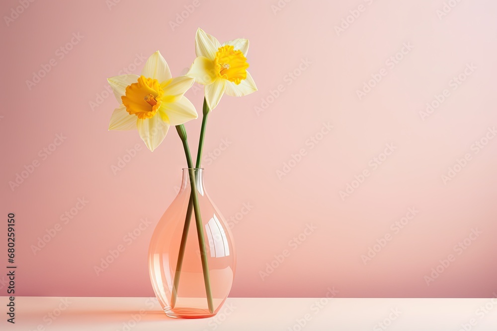 two yellow daffodils in a clear vase on a pink and light pink surface with a pink wall in the background. two yellow daffodils in a clear vase on a pink and light pink surface with a pink wall in the background.