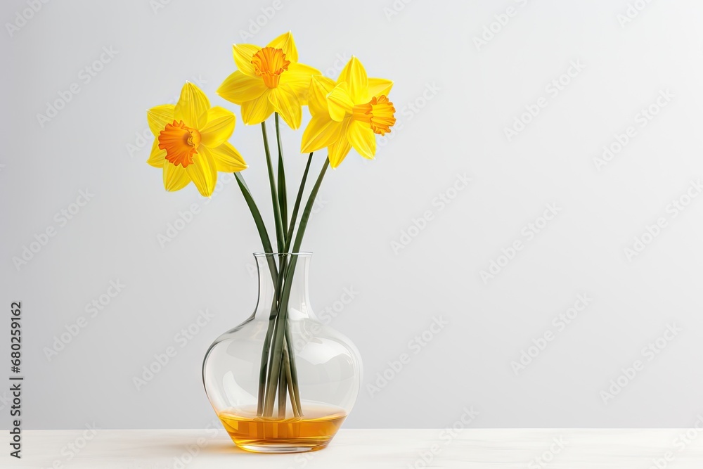  a vase filled with yellow flowers sitting on top of a white counter top next to a glass vase filled with water.