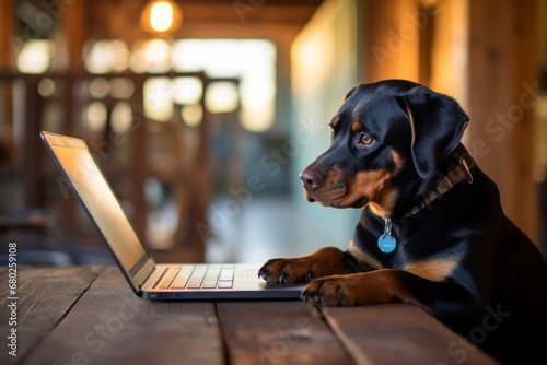 curious rottweiler using a laptop at a coffee shop in front of farms and ranches background