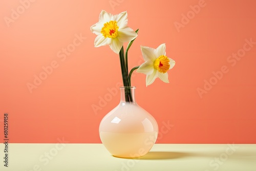  a white vase with two yellow flowers in it on a table against a pink and orange background with a pink wall in the background.