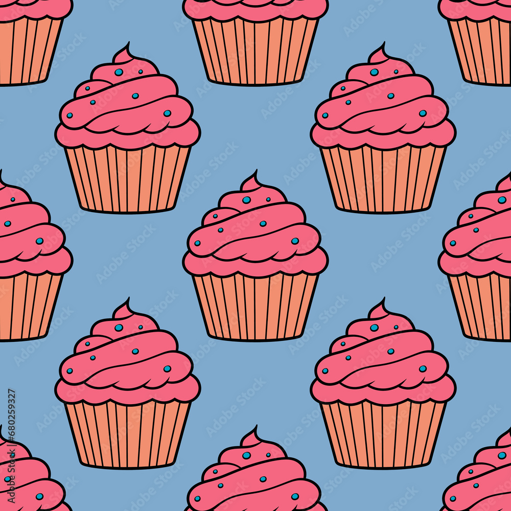 Cute cupcakes with cream and berries seamless pattern background. Cute cupcakes with cream and berries seamless pattern background.