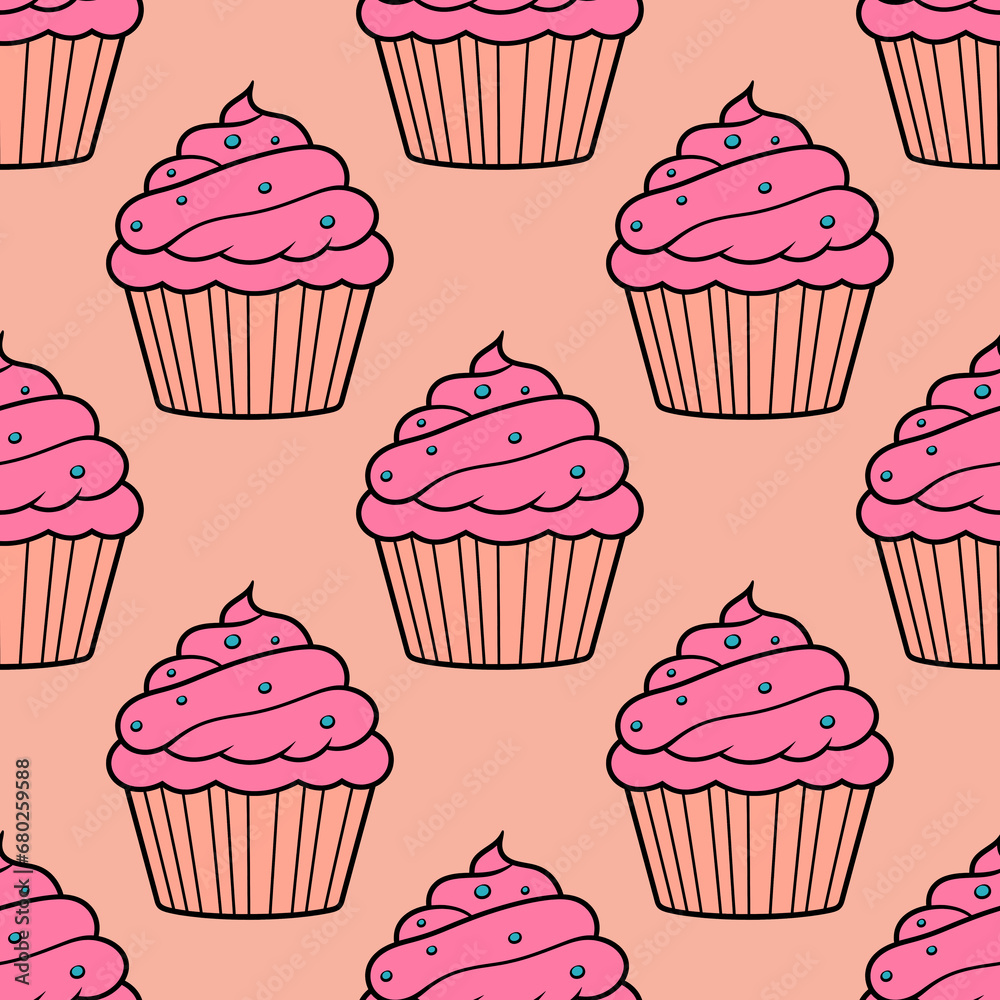 Cute cupcakes with cream and berries seamless pattern background. Cute cupcakes with cream and berries seamless pattern background.
