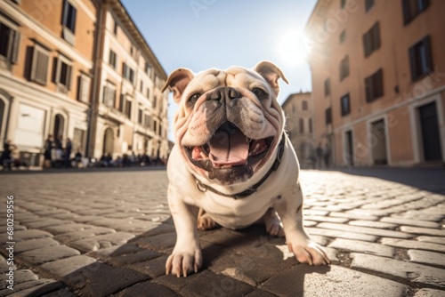 curious bulldog yawning over historic landmarks background