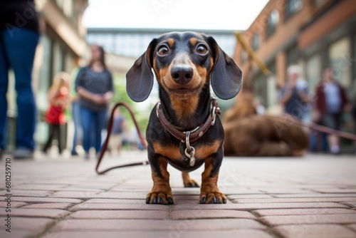 funny dachshund holding a leash in its mouth while standing against museums with outdoor exhibits background photo