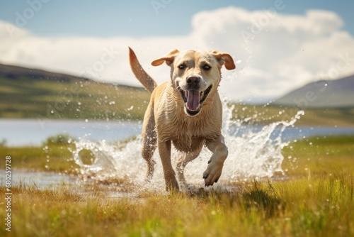 tired labrador retriever running through a sprinkler isolated in scenic viewpoints and overlooks background