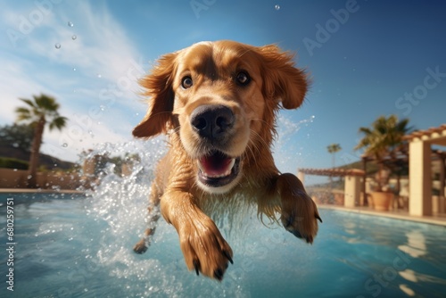 funny golden retriever splashing in a pool while standing against scenic viewpoints and overlooks background