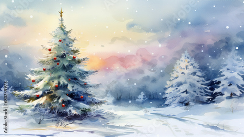 Christmas tree watercolor painting. Beautiful winter forest landscape in snowfall. Winter illustration. photo