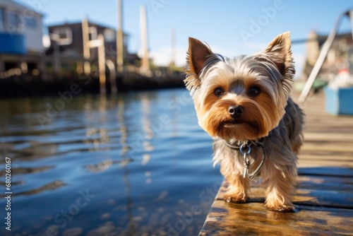 cute yorkshire terrier drinking water isolated in boardwalks and piers background