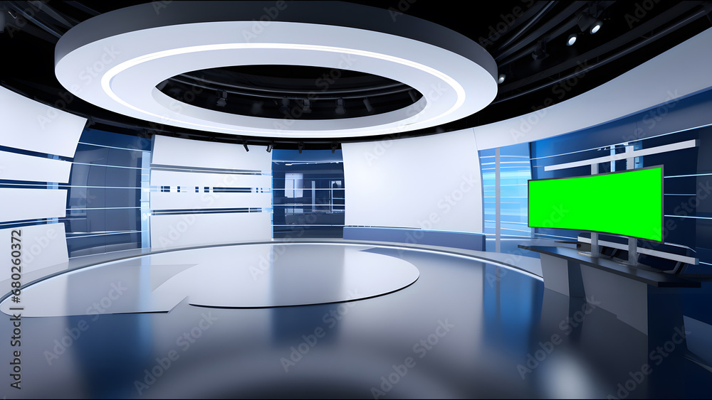 Tv Studio. Blue studio. Backdrop for TV shows .TV on wall. News studio. The perfect backdrop for any green screen or chroma key video or photo production. 3D rendering.

