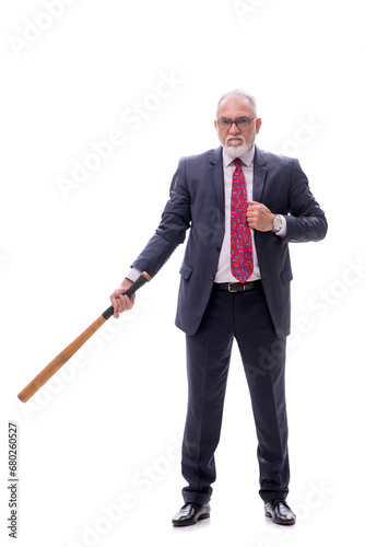 Old businessman holding baseball bat isolated on white © Elnur