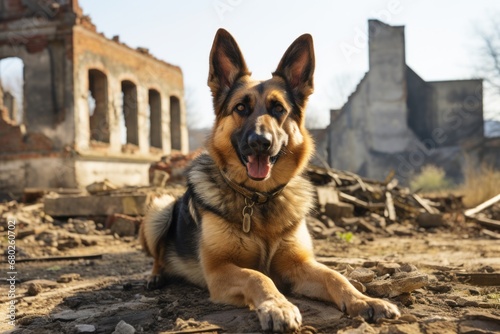 smiling german shepherd hiking with the owner in abandoned buildings and ruins background