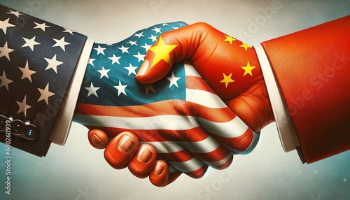 Two hands in a firm handshake, one draped with the U.S. flag and the other with the Chinese flag, symbolizing international diplomacy and cooperation. photo