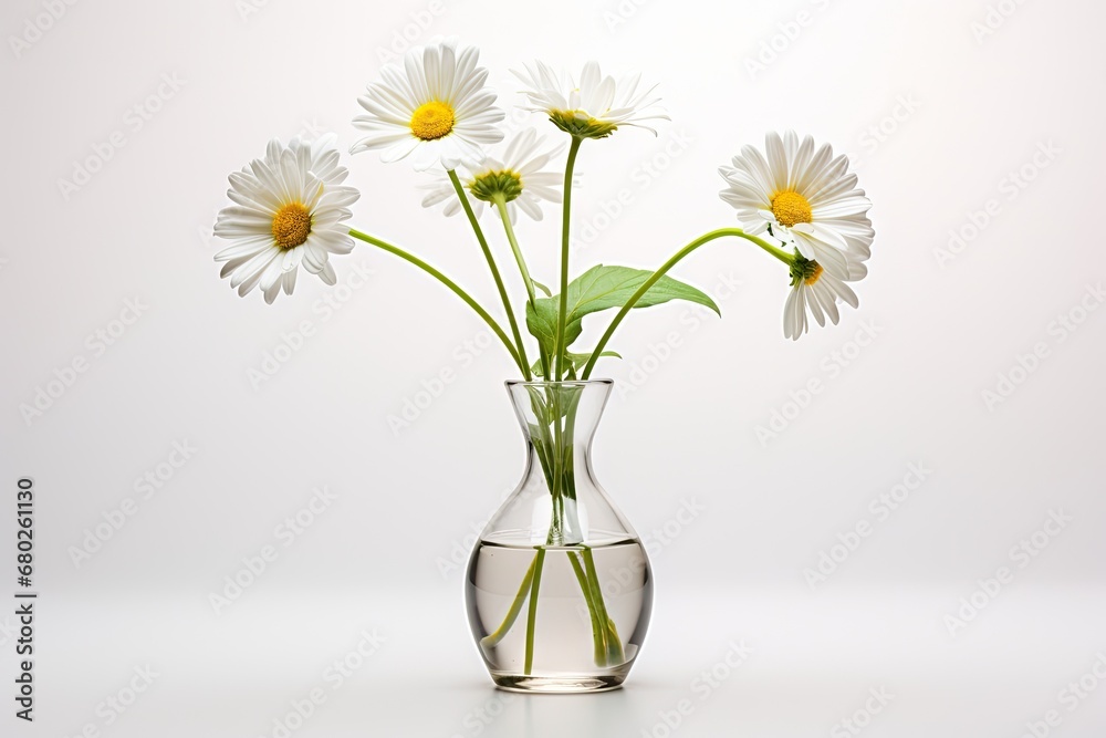 a vase filled with white daisies on top of a white table next to a vase filled with green leaves. a vase filled with white daisies on top of a white table next to a vase filled with green leaves.