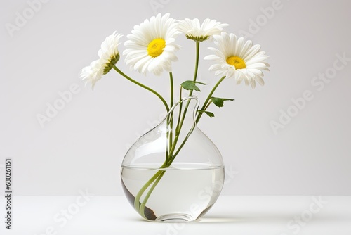  a vase filled with water and daisies on top of a white table with a white wall in the background. © Nadia