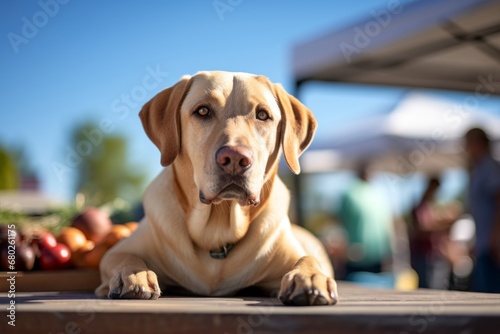 funny labrador retriever being at a farmer s market in front of skateparks background