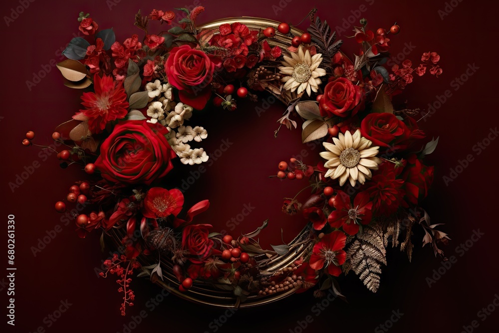  a wreath of red flowers and greenery on a dark red background with red berries, leaves, and berries.