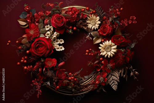  a wreath of red flowers and greenery on a dark red background with red berries, leaves, and berries.