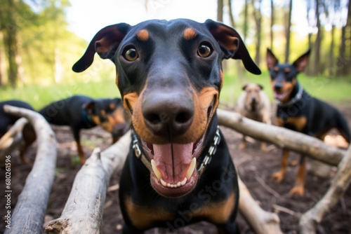 happy doberman pinscher biting a bone isolated in zoos and wildlife sanctuaries background