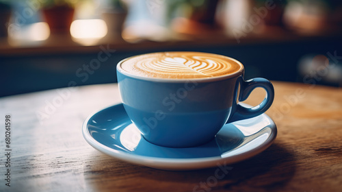 Close-up of a blue ceramic cup on a saucer with a beautifully crafted latte art design on top  resting on a rustic wooden table  illuminated by warm  ambient lighting.